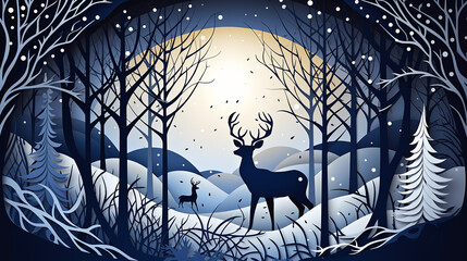 Deer in forest with snow. Papercut style design illustration. Generative AI