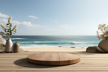 Obraz premium Wooden podium for display product, placed on a pristine white beach, with the serene ocean backdrop enhancing the product's simplicity. Generative AI