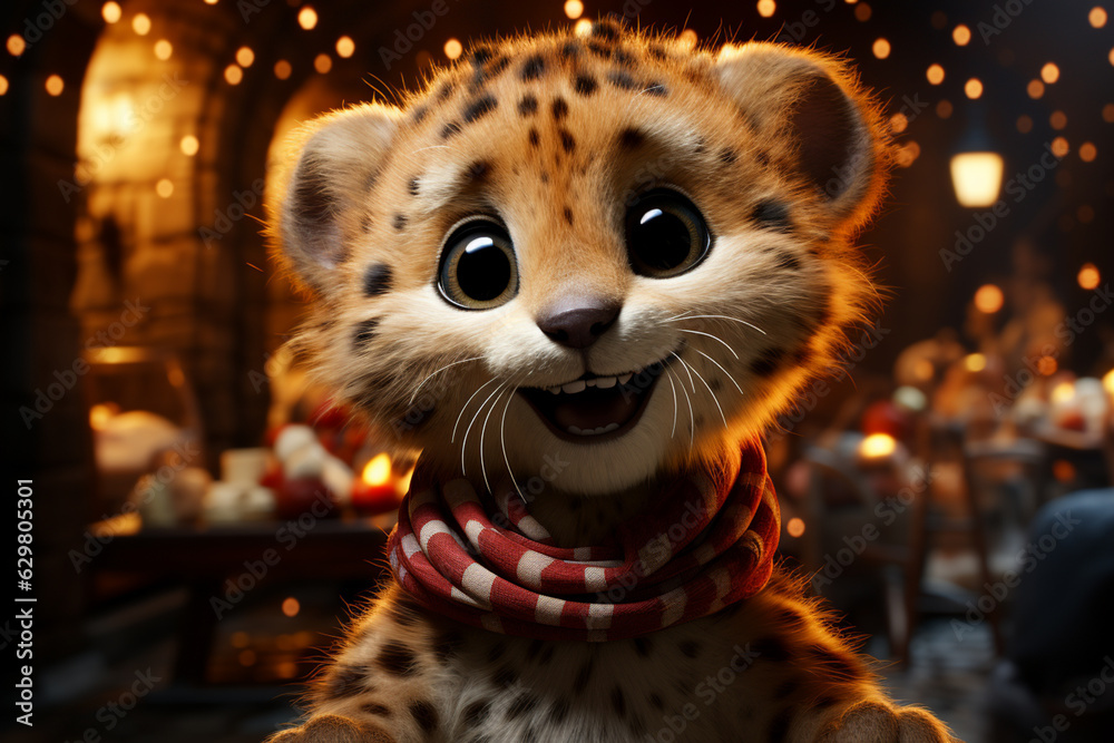 Poster a whimsical new year background with cute cheetah celebrating in festive outfits. generative ai tech