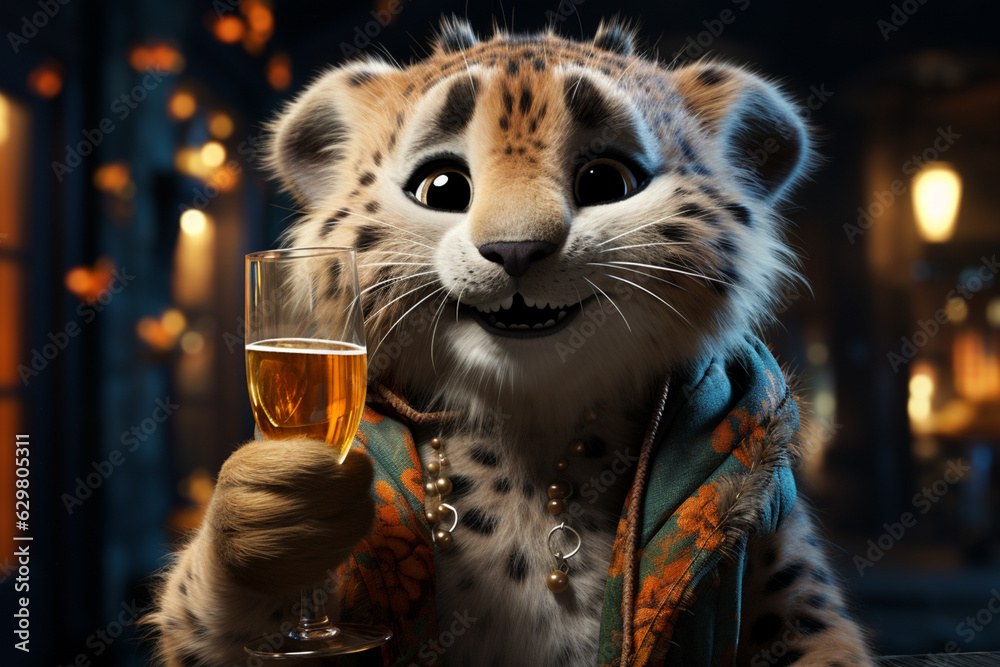 Poster a whimsical new year background with cute cheetah celebrating in festive outfits. generative ai tech