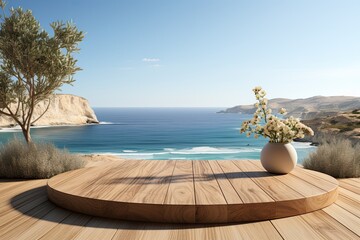 Obraz premium Wooden podium for display product, placed on a pristine white beach, with the serene ocean backdrop enhancing the product's simplicity. Generative AI