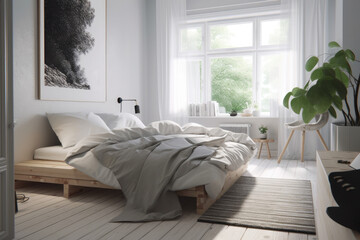 Modern bedroom design with a window, Scandinavian style. Generative AI.