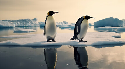 Fototapeta premium Two penguins stand on melting ice in Arctic Ocean global warming concept, world global planet climate change. Generative AI