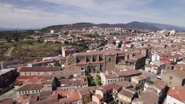 Palacio de Mirabel, historic building in Plasencia, drone orbit around cityscape