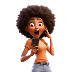 3D cartoon character surprise young woman using smart phone, isolated on white and transparent background, ai generate