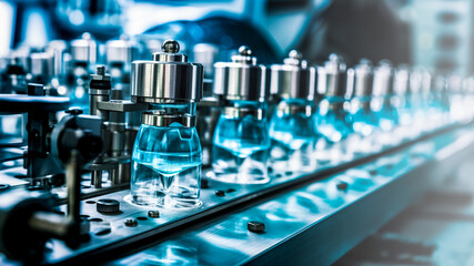 Pharmaceutical industry. Glass bottles with clear liquid on automatic conveyor line. Production line at modern pharmaceutical factory. Innovation technology and medical concept. Generative AI.