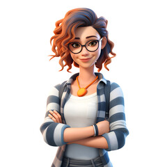 3D cartoon character smiling young woman standing with arms crossed, isolated on white and transparent background, ai generate