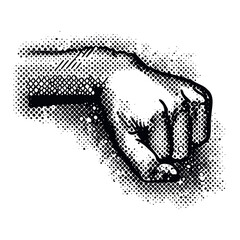Halftone hand gesture with fingers as collage graphic element. Vintage punk grunge fist dotted pattern. Vector illustration 