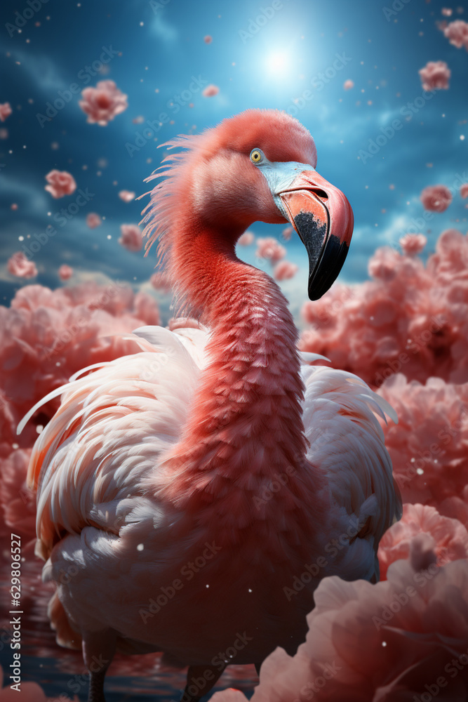 Poster a whimsical new year background with cute flamingo celebrating in festive outfits. generative ai tec