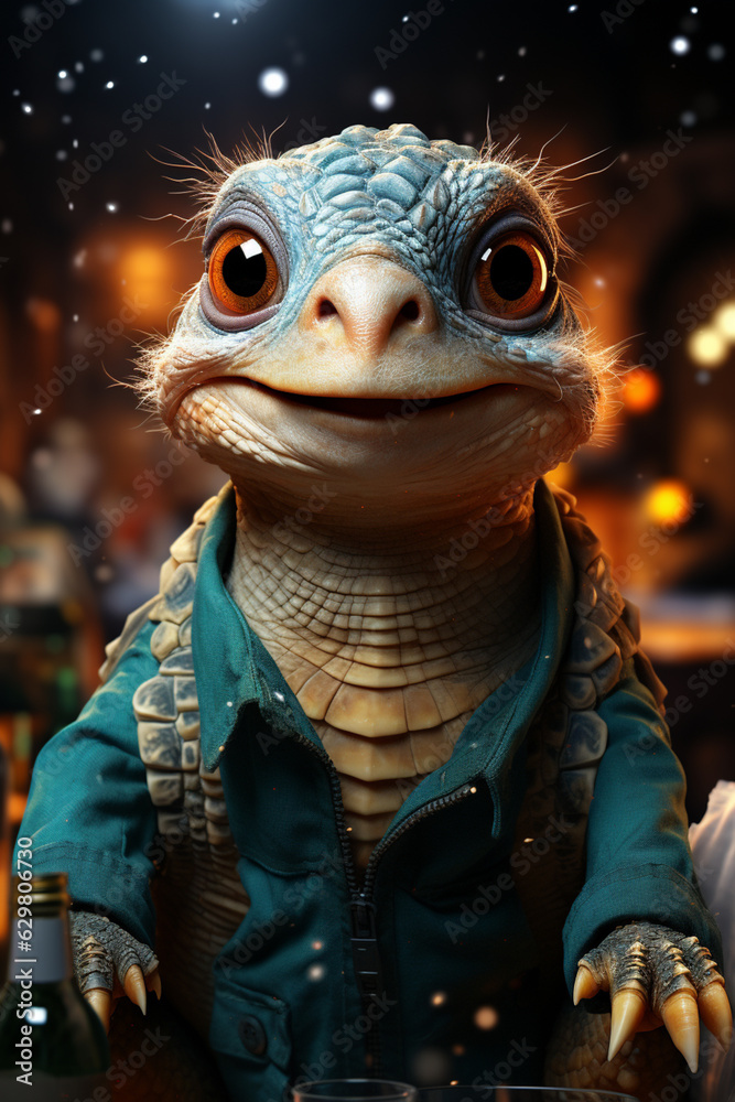 Poster a whimsical new year background with cute turtle celebrating in festive outfits. generative ai techn