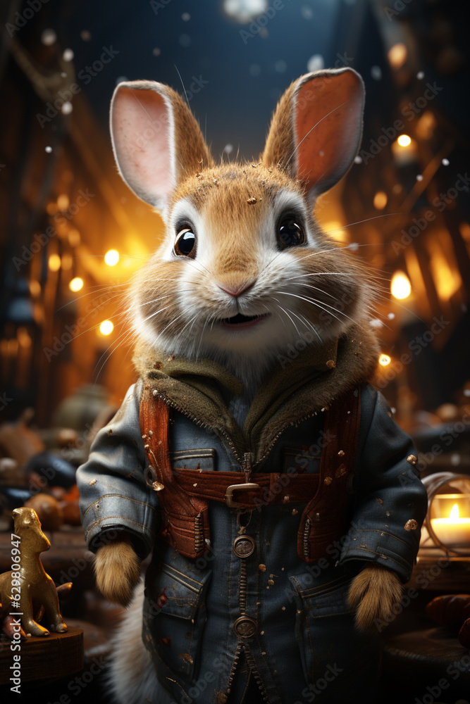 Poster a whimsical new year background with cute rabbit celebrating in festive outfits. generative ai techn