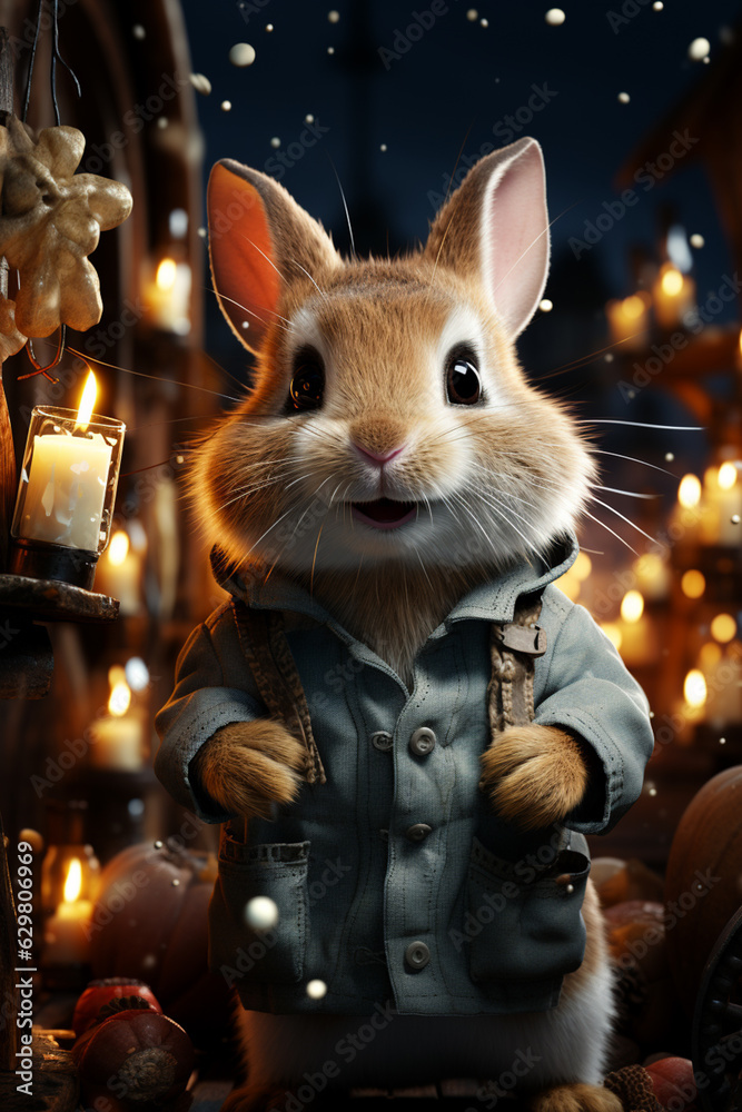 Poster a whimsical new year background with cute rabbit celebrating in festive outfits. generative ai techn
