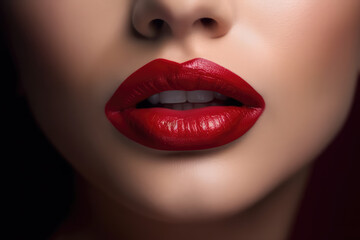 Close up of sexy red lips. Beautiful perfect makeup. Beautiful red lip gloss. Cosmetic. Mouth open, big lips. Cosmetic beauty procedures