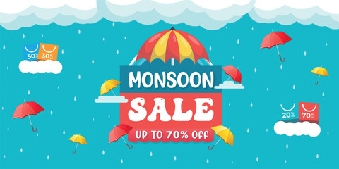 Fototapeta na wymiar Monsoon sale and promotion advertisement banner background template design with easy to edit vector illustration