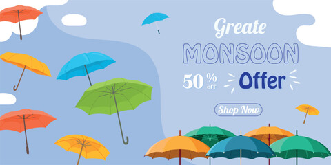 Fototapeta na wymiar Monsoon sale and promotion advertisement banner background template design with easy-to-edit vector illustration