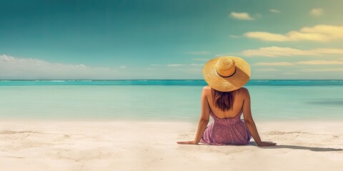 Summer hat. Travel lifestyle. Relaxing by sea. Beautiful beach holiday. Girl in swimsuit