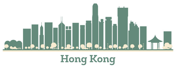 Fototapeta premium Hong Kong China city skyline silhouette with color buildings. Vector illustration.