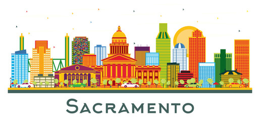 Sacramento USA city Skyline with Color Buildings isolated on white. Sacramento cityscape with landmarks.