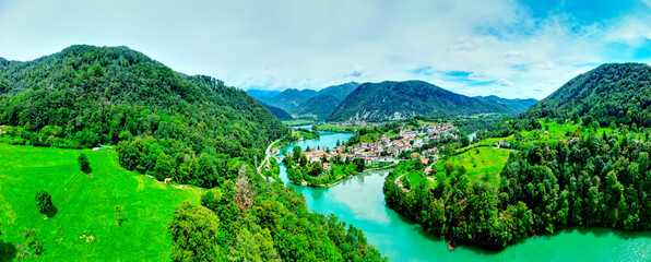 Aerial panoramic view on Most na Soci (Most na Soči) is a town in the Municipality of Tolmin in the Littoral region of Slovenia. 
