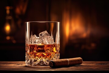 Whiskey glass and cigar on wooden table
