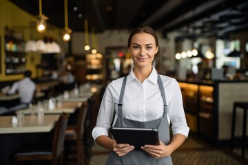Small business restaurant owner looking at the camera. Happy waitress holding a tablet.