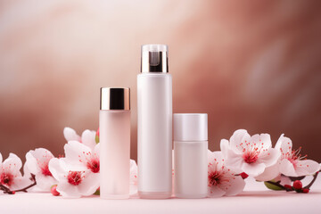 Obraz na płótnie Canvas Set cosmetic product mockup with flower on pink background.