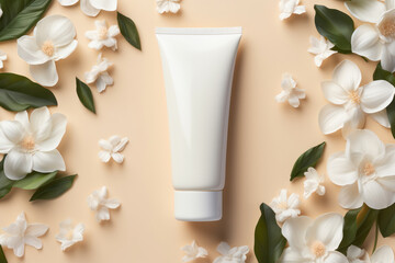 Fototapeta na wymiar Top view of white cream tube with flower on beige background, blank mockup, cosmetic product.