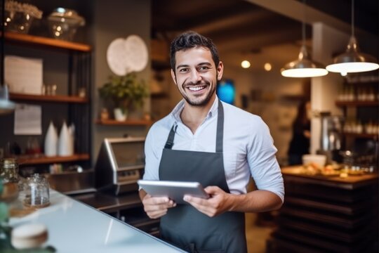 Small business restaurant owner looking at the camera. Happy waiter holding a tablet.