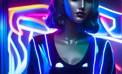 Female plastic mannequin, in a store with neon lighting. ai