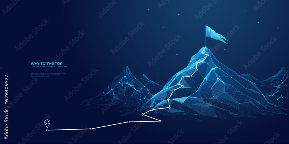 Poster abstract mountain with a path to the top. way to goal in digital futuristic style on a blue technolo