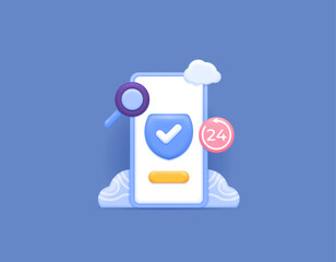 Mobile security and protection applications. 24-hour protection, antivirus, malicious file scanning. Smartphone with clouds, shields, magnifying glass. technology. 3D concept illustration design