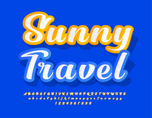 Vector travel advertisement Sunny Travel. Creative sticker Font. Calligraphic Alphabet Letters and Numbers set