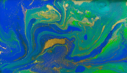 Fototapeta na wymiar Golden and Green Wave Veins on Blue Marble Background.