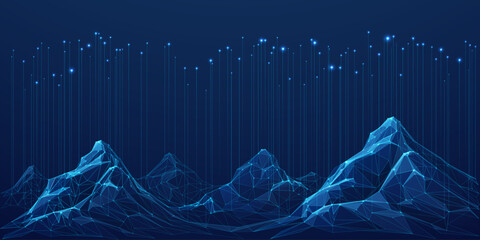 Big Data. Abstract digital mountains range landscape with glowing light dots. Futuristic low poly wireframe vector illustration on technology blue background. Data mining and management concept. - obrazy, fototapety, plakaty