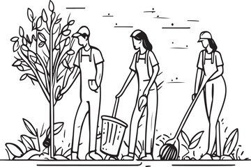 Man and woman Planting Tree, vector linear illustration sketch. Nature protection concept