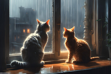 Two cute cats waiting for their owners in front of the window on a rainy day.
Generative AI