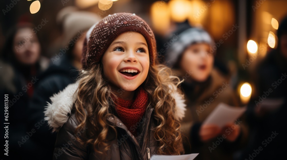 Wall mural A children singer of caroler hands holding candle and book with singing carol song on celebration of Christmas day background. Generative Ai.