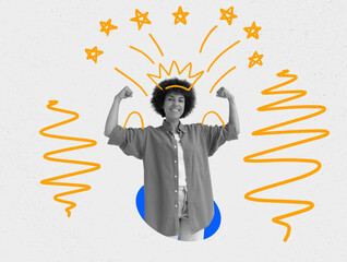 Collage with a joyful young woman and crown. Positive and self-confident.