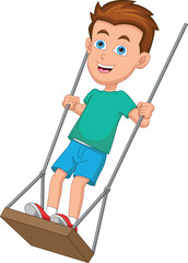 Happy little boy playing on a swing standing up 