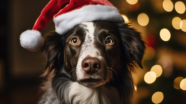 Close-up portrait of a cute dog in a red Santa Claus hat among burning lights on the background of a winter snowy landscape. New year party. Snowflakes in the air. Generative Ai.