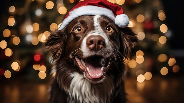 Close-up portrait of a cute dog in a red Santa Claus hat among burning lights on the background of a winter snowy landscape. New year party. Snowflakes in the air. Generative Ai.