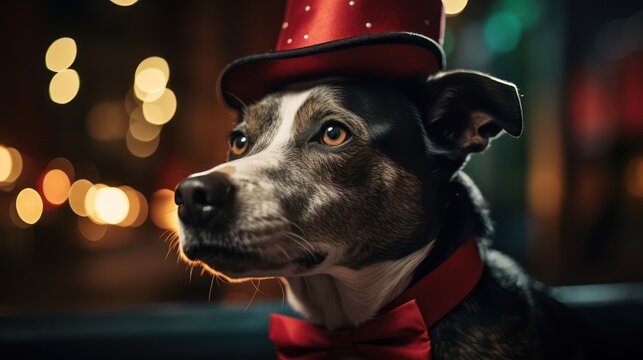 Close-up portrait of a cute dog in a red Santa Claus hat among burning lights on the background of a winter snowy landscape. New year party. Snowflakes in the air. Generative Ai.