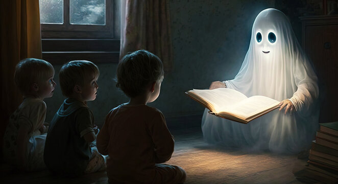 Ghost reading a story from a book to small children