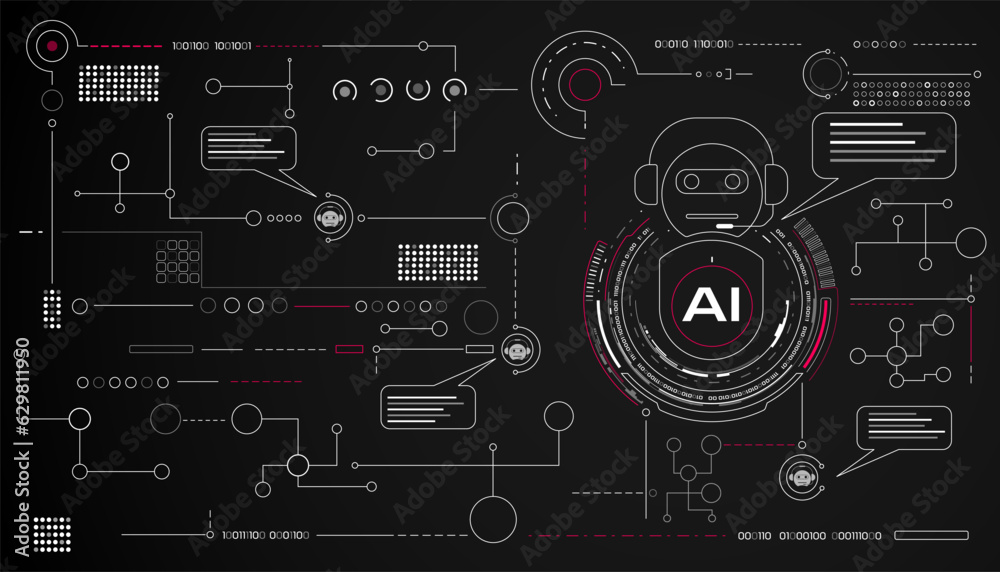 Poster AI robot smart symbol element with communication template vector. Artificial intelligence information online data transfer concept illustration.