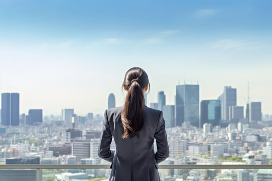 Back view of a young business woman looking at the cityscape