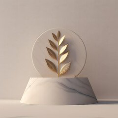 podium mockup for product presentation decorated with leaves 3d rendering