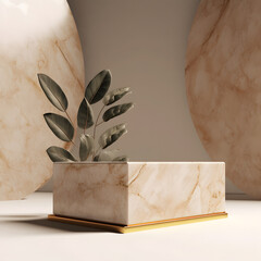 podium mockup for product presentation decorated with leaves 3d rendering