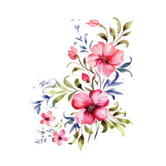 Fototapeta na wymiar Set of floral branch. Flower pink and blue rose, green leaves. Wedding concept with flowers. Floral poster, invite. Vector arrangements for greeting card or invitation design