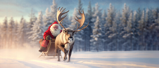 Santa Claus riding in a sleigh pulled by a reindeer - obrazy, fototapety, plakaty