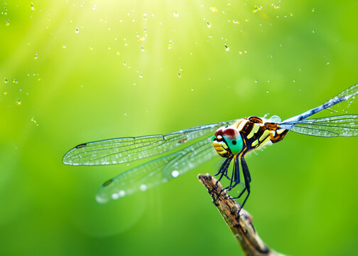 macro closeup photo of a dragonfly on blurred green natural background, sun rays, water droplets created with generative ai technology